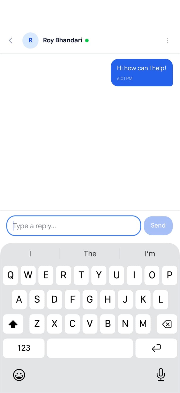 Red Bricks app, admin view — one-to-one chat with a site visitor