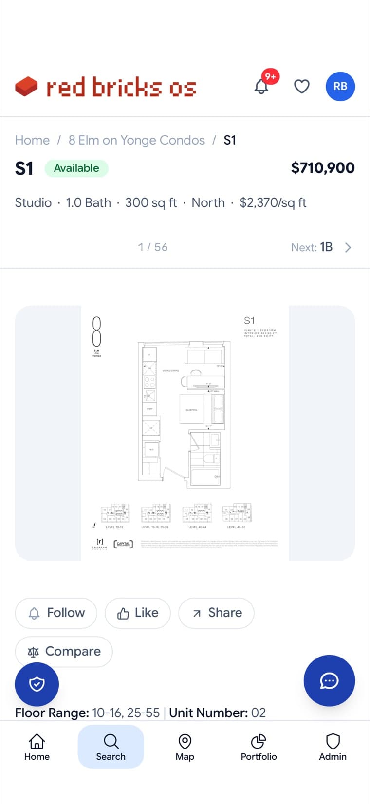Red Bricks app, client view — unit floor plan with price and square footage