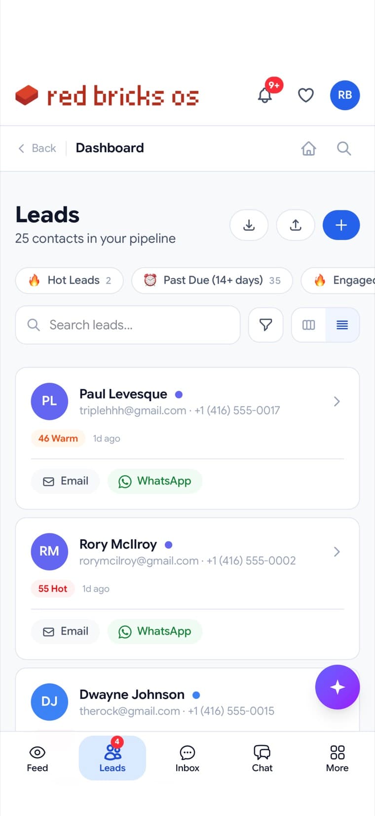 Red Bricks app, admin view — lead pipeline with warmth scoring