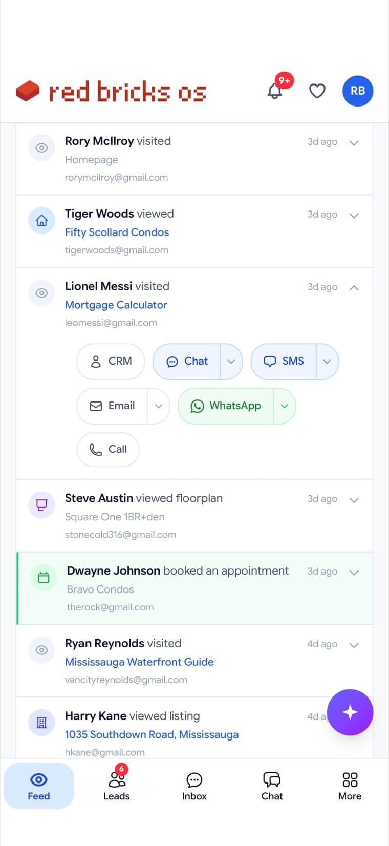 Red Bricks app, admin view — live feed of client activity