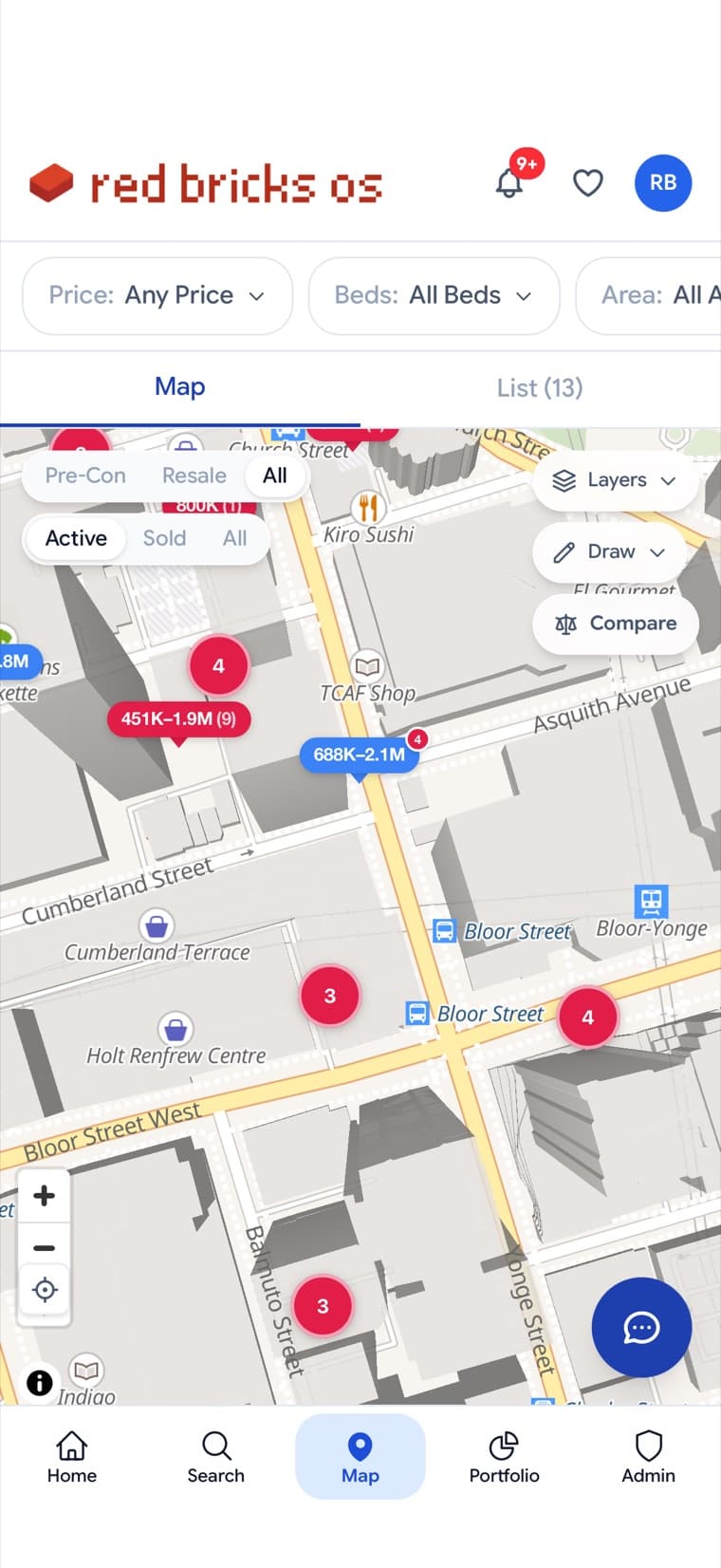 Red Bricks app, client view — map with pre-construction and resale price pins