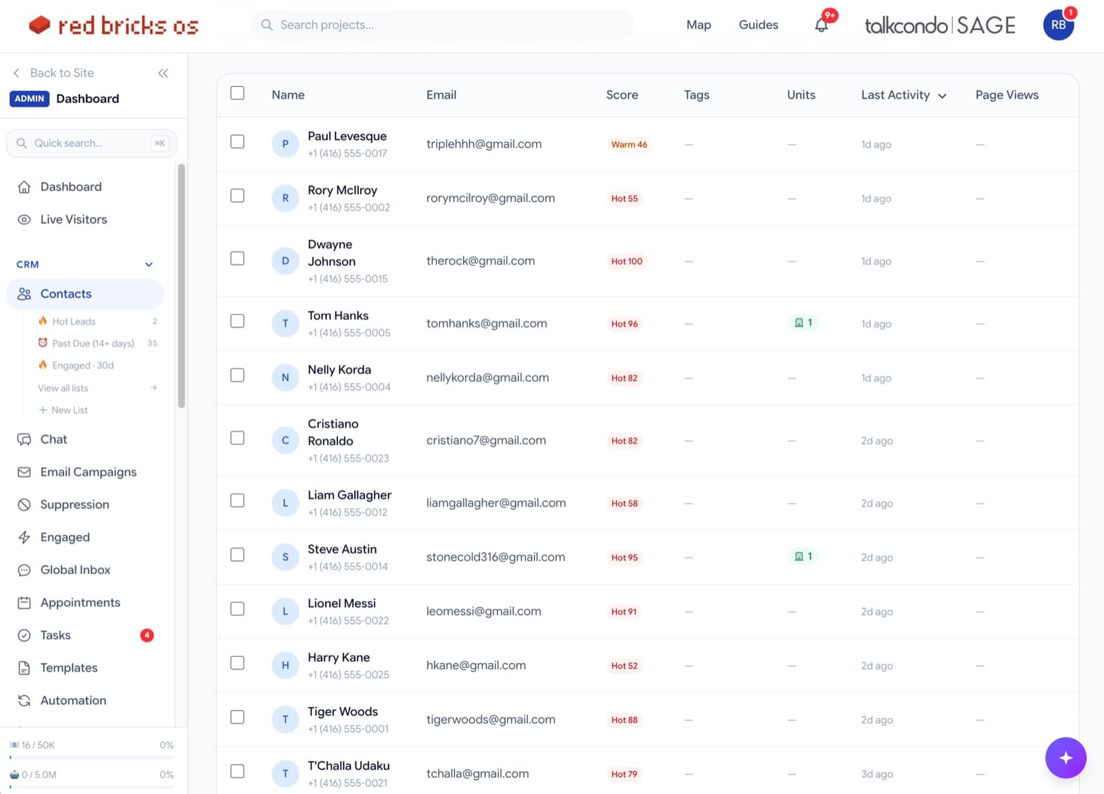 rbOS Contacts view — sortable table of leads with auto-warmth scores, tags, and last activity