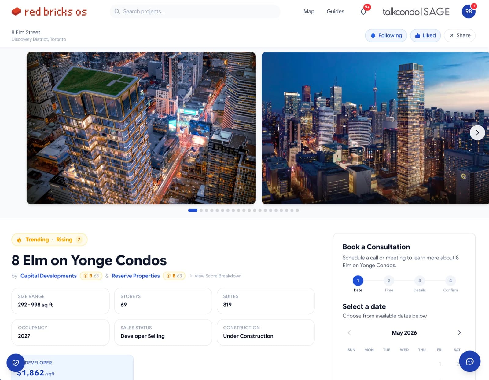 rbOS project page for 8 Elm on Yonge Condos — building photos, occupancy, live booking panel