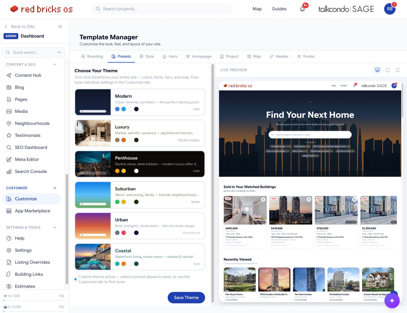 rbOS Template Manager — theme picker on the left, live preview of the public site on the right